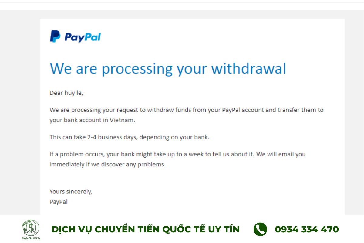 Mail thông báo rút tiền từ Paypal về ngân hàng thành công